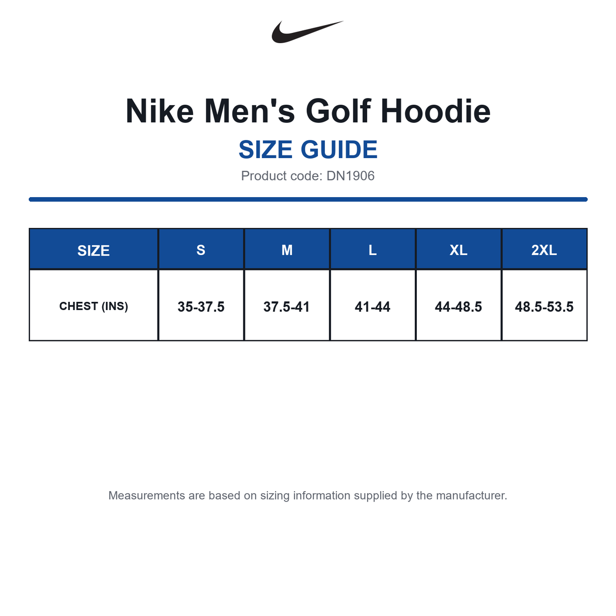 DN1906 Nike Men's Golf Hoodie size guide (DN1906)