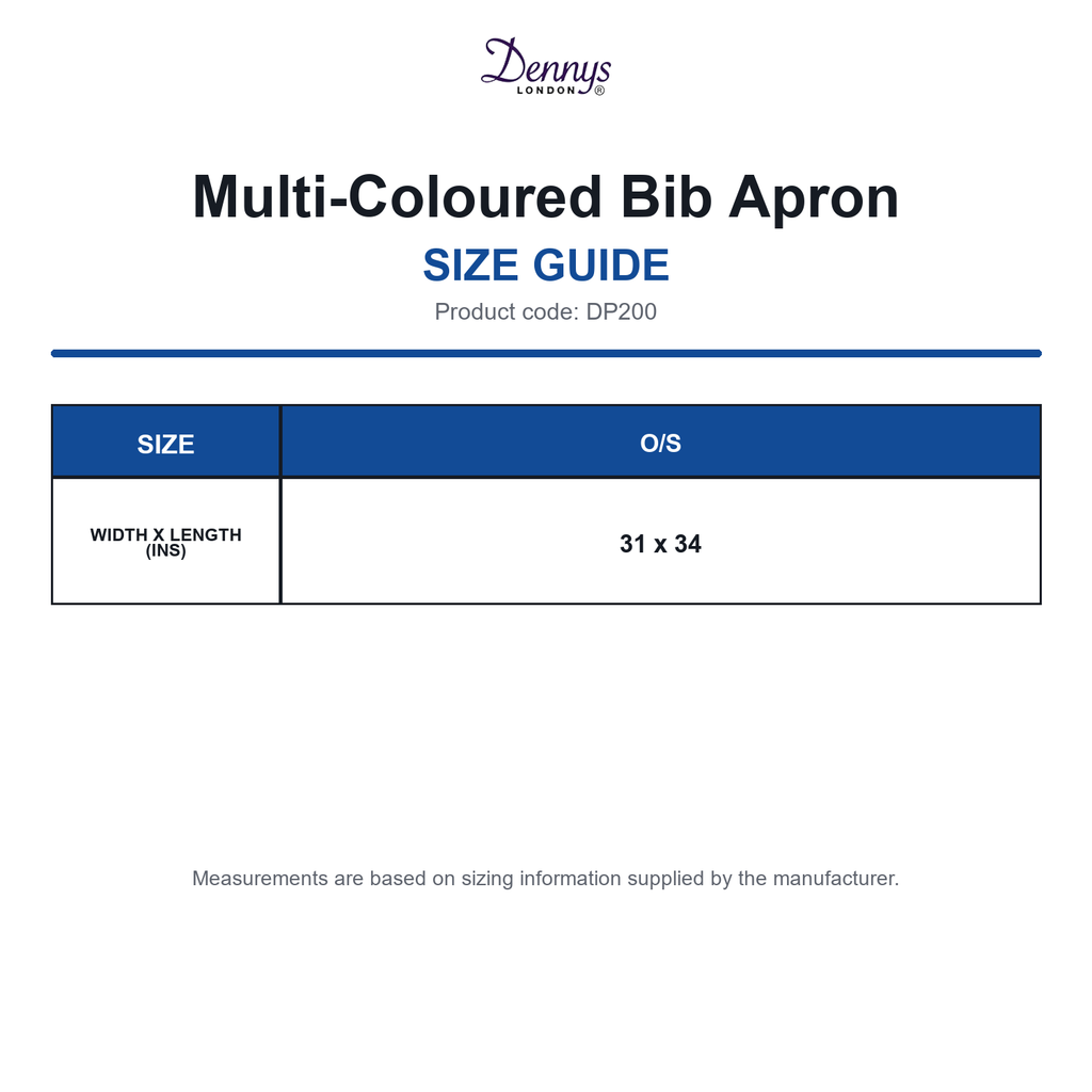 DP200 Dennys Multi-Coloured Bib Apron size guide (DP200)