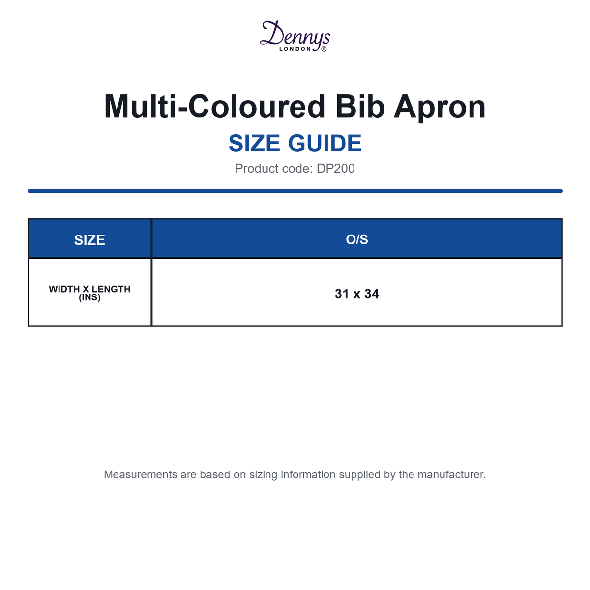 DP200 Dennys Multi-Coloured Bib Apron size guide (DP200)