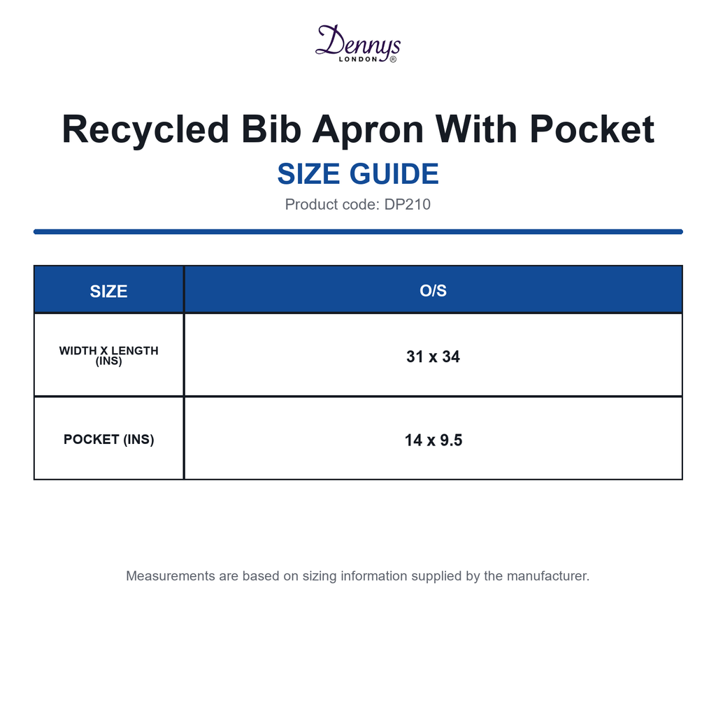 DP210 Dennys Recycled Bib Apron With Pocket size guide (DP210)