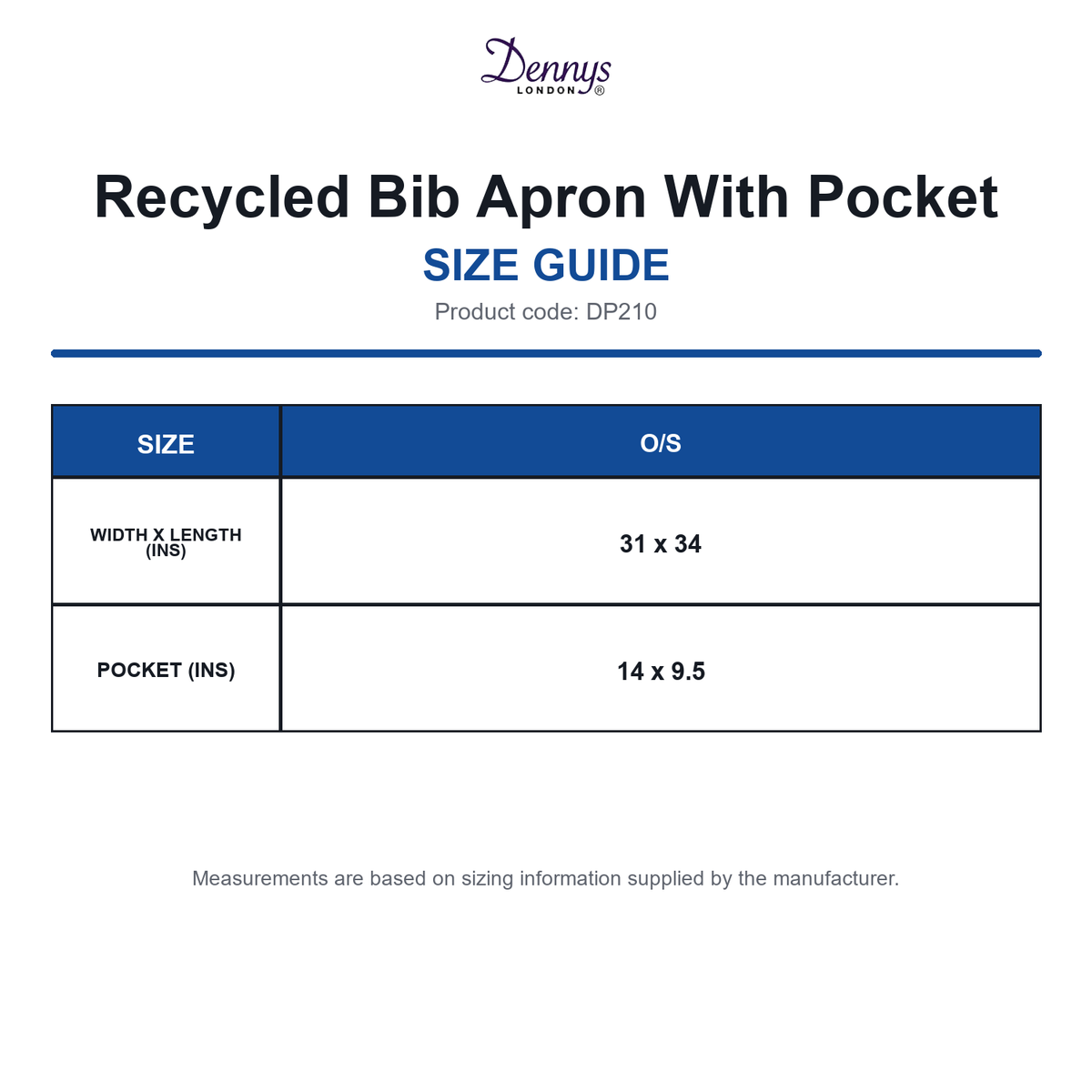 DP210 Dennys Recycled Bib Apron With Pocket size guide (DP210)