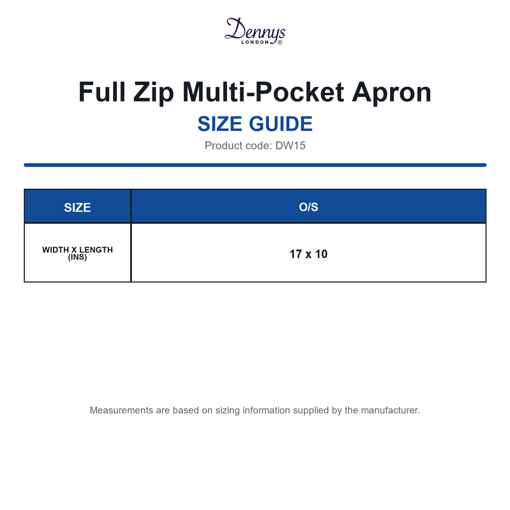 DW15 Dennys Full Zip Multi-Pocket Apron size guide (DW15)
