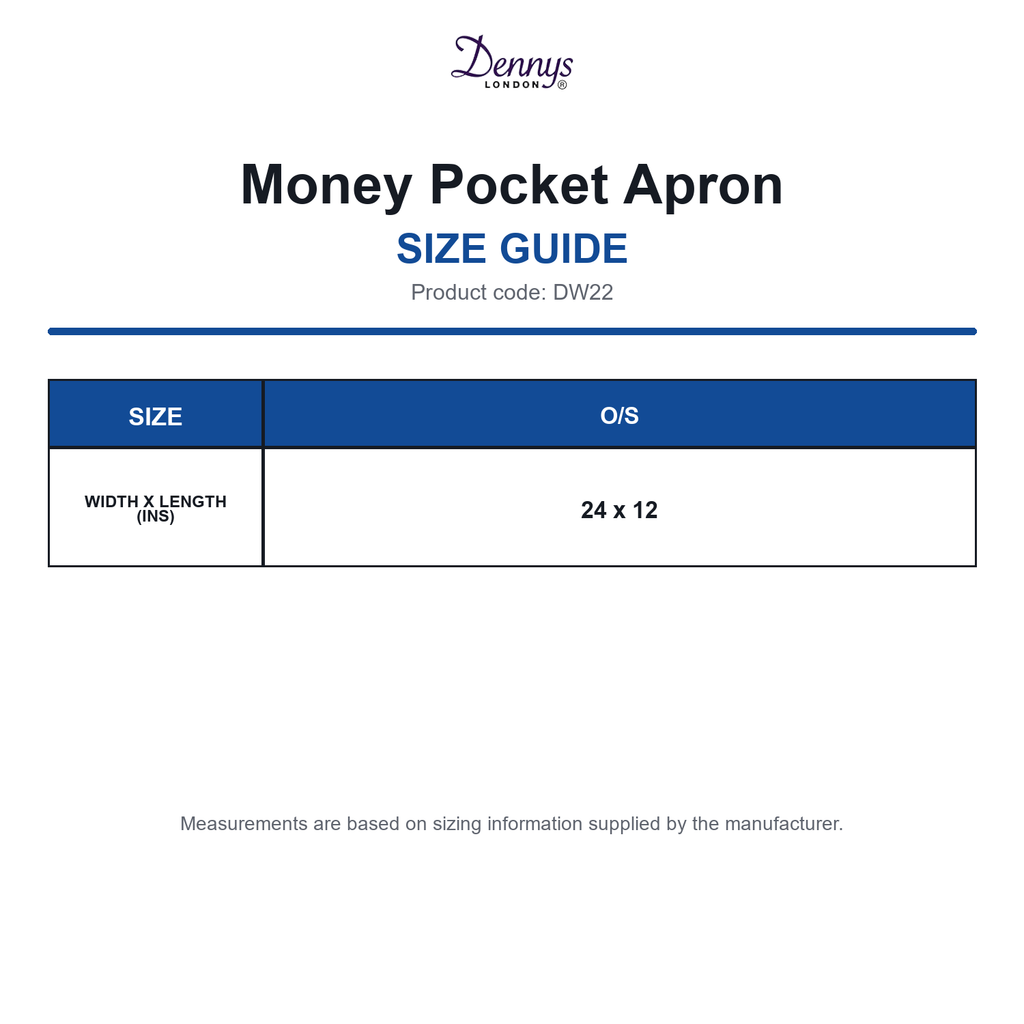 DW22 Dennys Money Pocket Apron size guide (DW22)