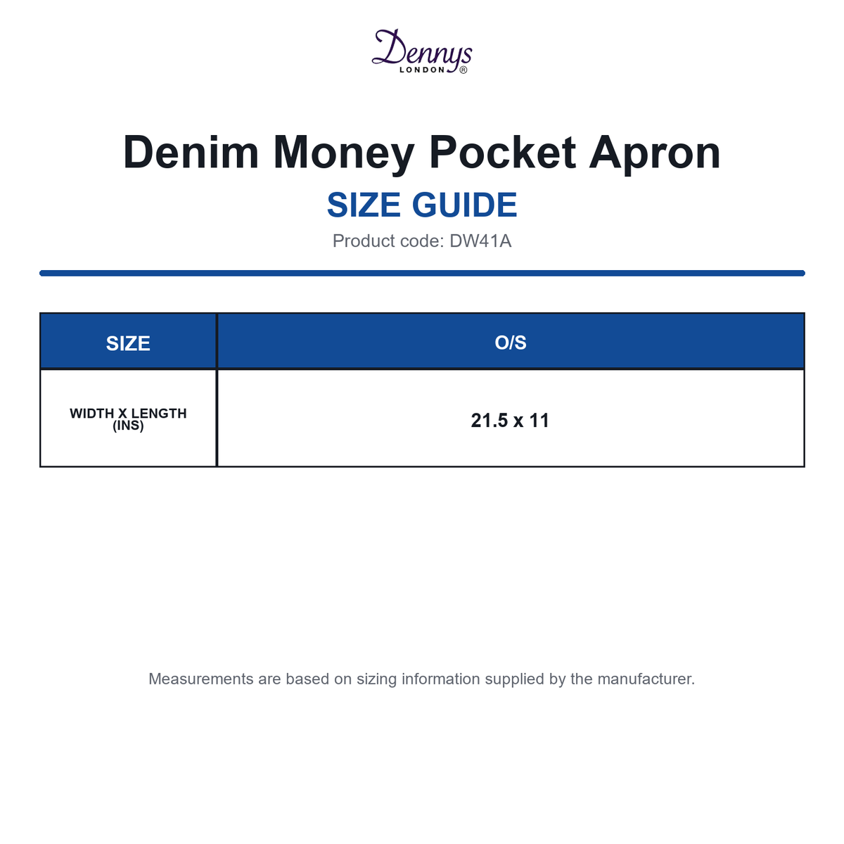 DW41A Dennys Denim Money Pocket Apron size guide (DW41A)