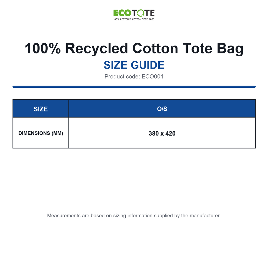 ECO001 100% Recycled Cotton Tote Bag size guide (ECO001)