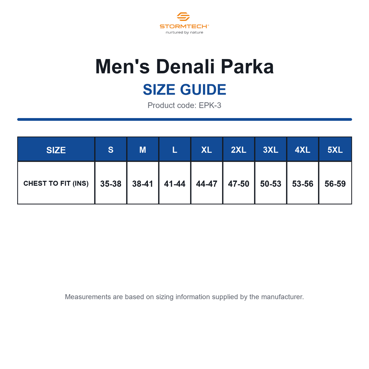 EPK-3 Stormtech Men's Denali Parka size guide (EPK-3)