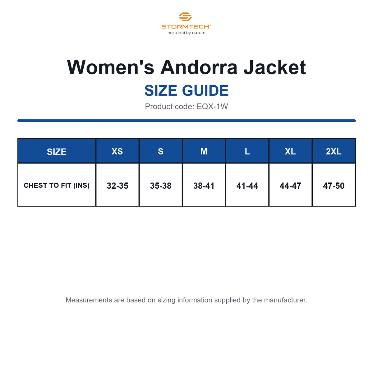 EQX-1W Stormtech Women's Andorra Jacket size guide (EQX-1W)