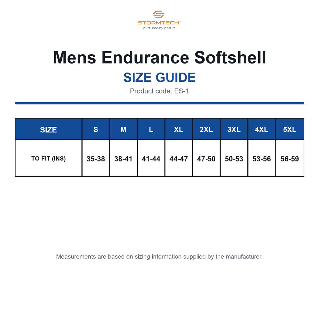 ES-1 Stormtech Mens Endurance Softshell size guide (ES-1)