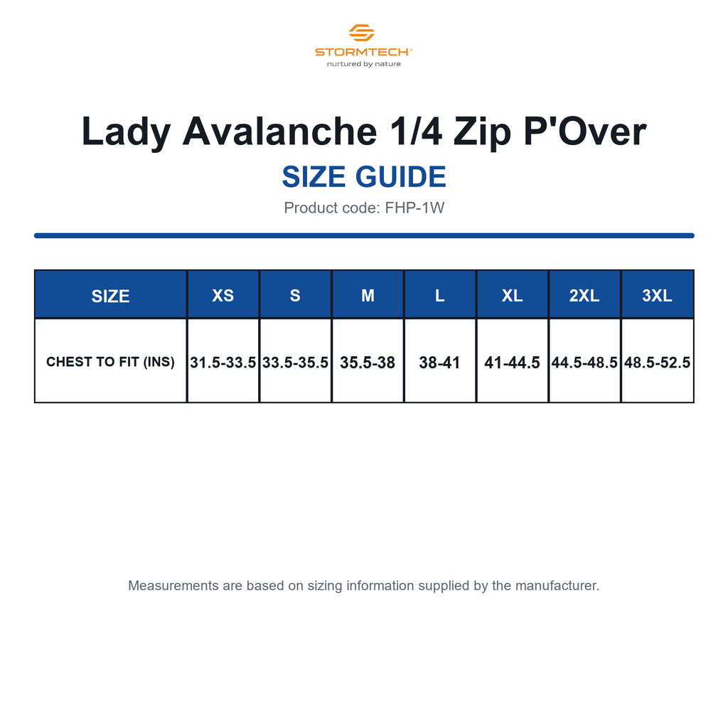 FHP-1W Stormtech Lady Avalanche 1/4 Zip P'Over size guide (FHP-1W)
