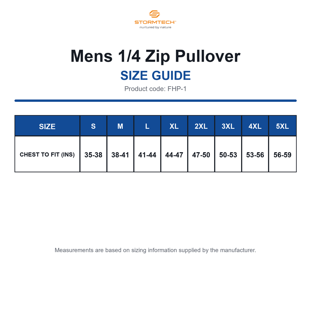 FHP-1 Stormtech Mens 1/4 Zip Pullover size guide (FHP-1)