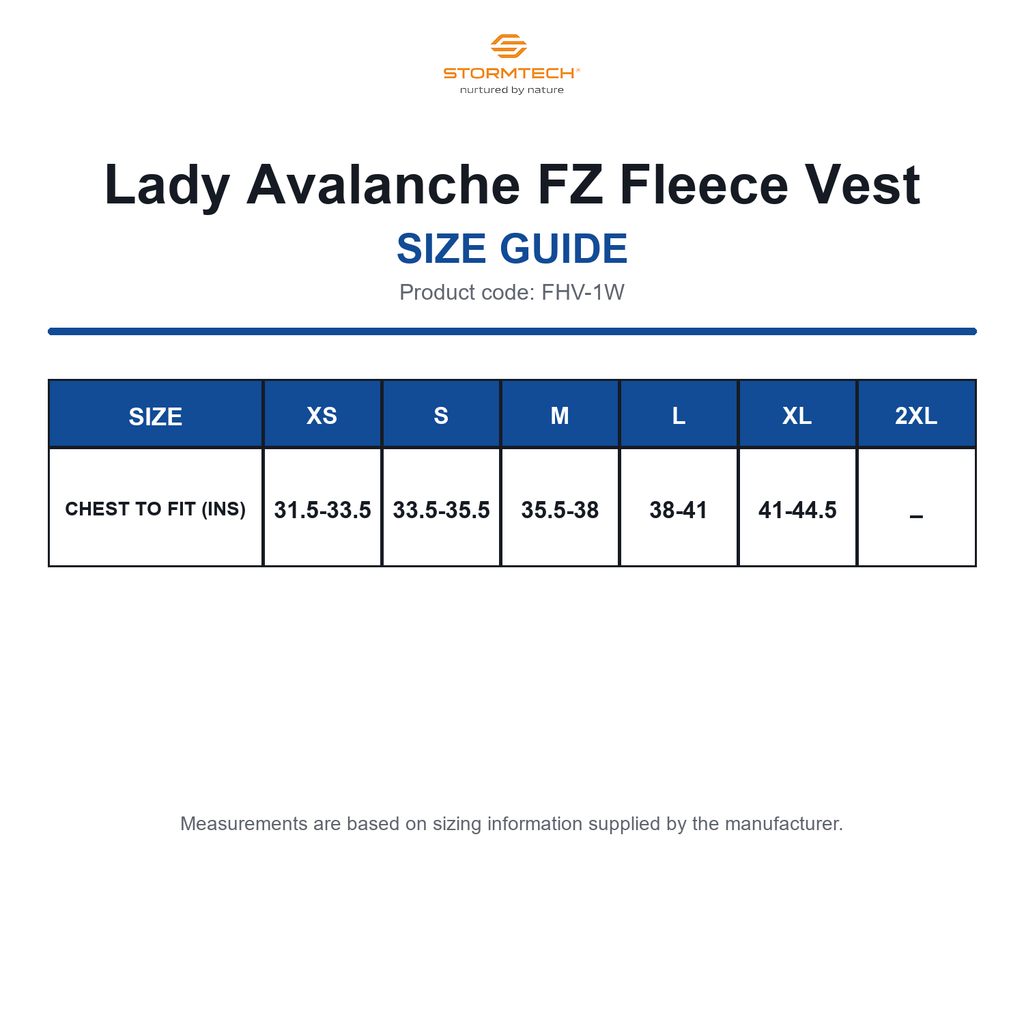 FHV-1W Stormtech Lady Avalanche FZ Fleece Vest size guide (FHV-1W)