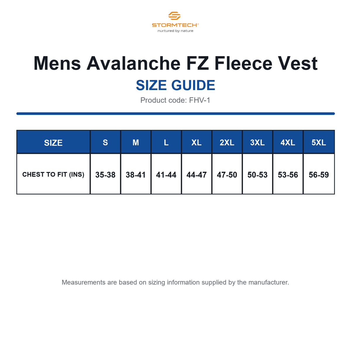FHV-1 Stormtech Mens Avalanche FZ Fleece Vest size guide (FHV-1)