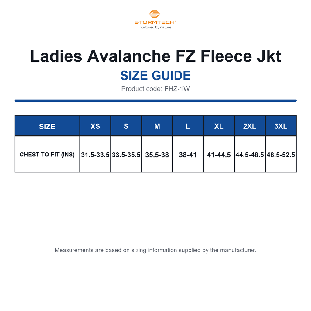 FHZ-1W Stormtech Ladies Avalanche FZ Fleece Jkt size guide (FHZ-1W)