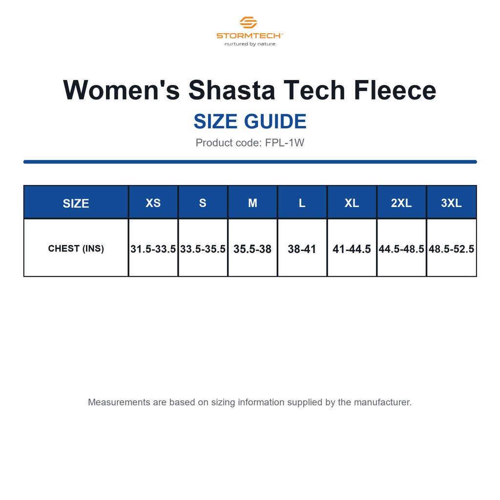 FPL-1W Stormtech Women's Shasta Tech Fleece size guide (FPL-1W)