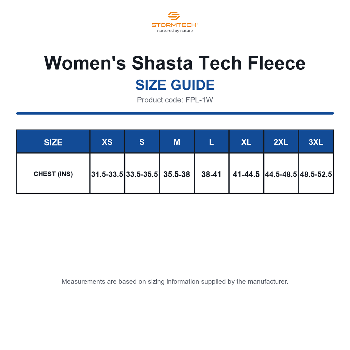 FPL-1W Stormtech Women's Shasta Tech Fleece size guide (FPL-1W)