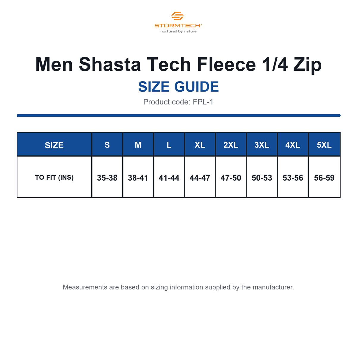 FPL-1 Stormtech Men Shasta Tech Fleece 1/4 Zip size guide (FPL-1)