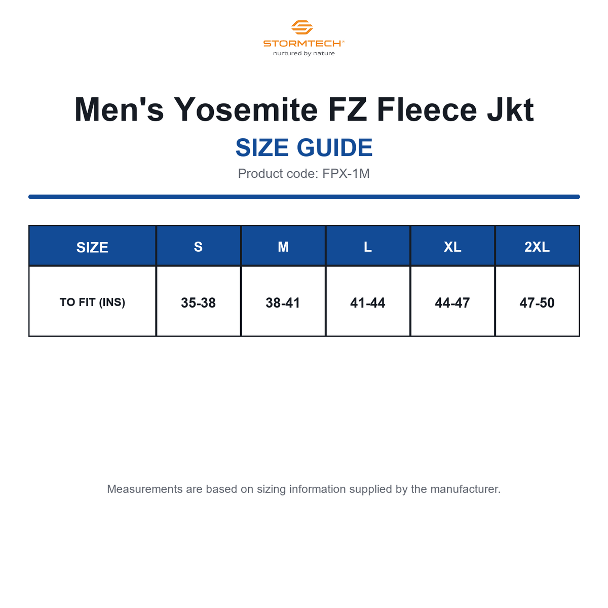 FPX-1M Stormtech Men's Yosemite FZ Fleece Jkt size guide (FPX-1M)