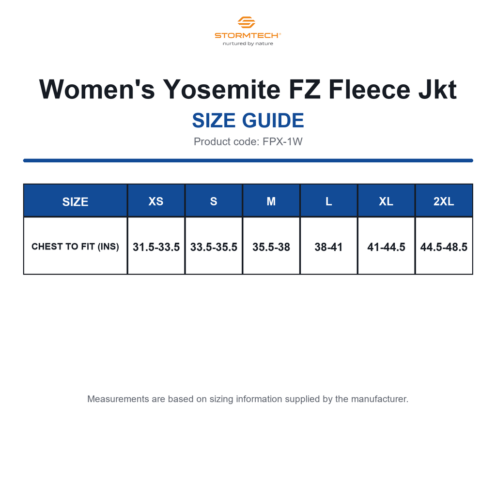 FPX-1W Stormtech Women's Yosemite FZ Fleece Jkt size guide (FPX-1W)