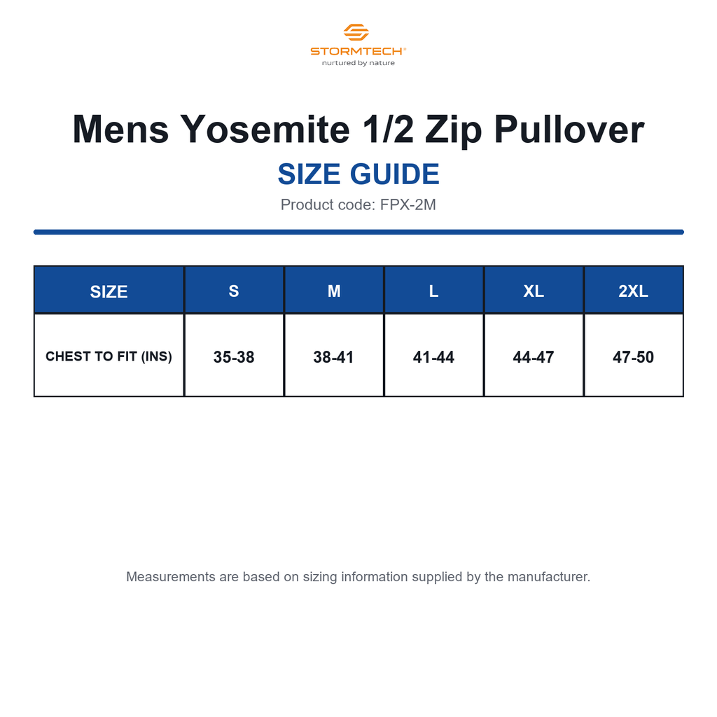 FPX-2M Stormtech Mens Yosemite 1/2 Zip Pullover size guide (FPX-2M)