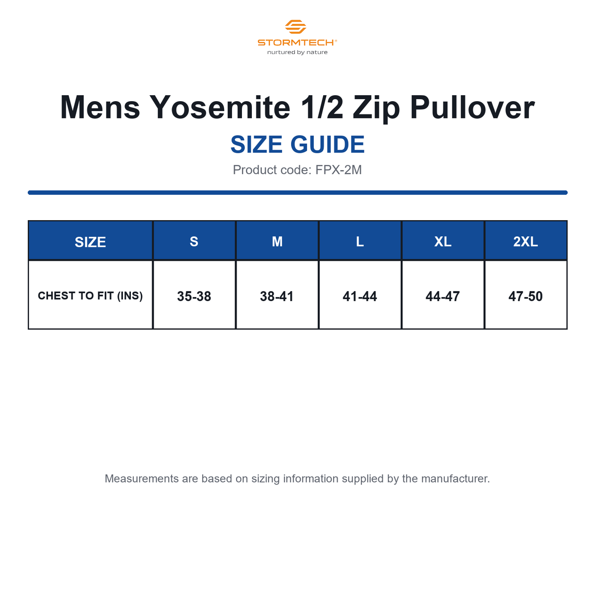 FPX-2M Stormtech Mens Yosemite 1/2 Zip Pullover size guide (FPX-2M)