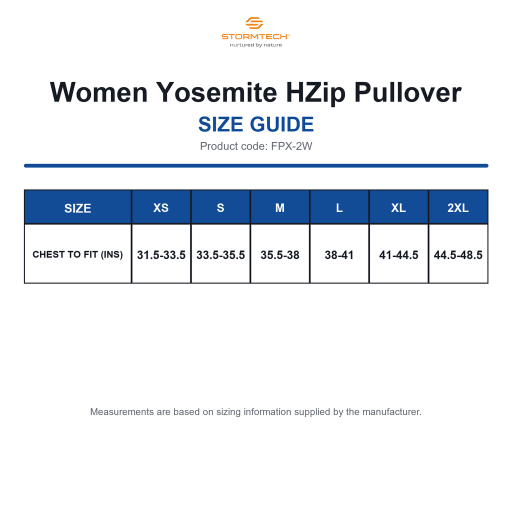 FPX-2W Stormtech Women Yosemite HZip Pullover size guide (FPX-2W)