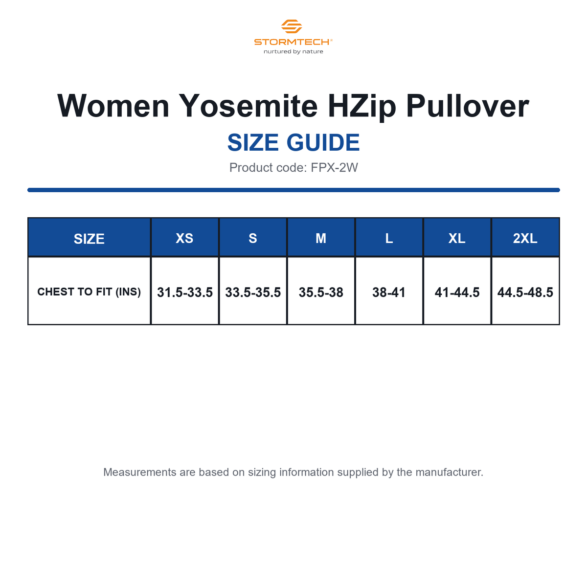 FPX-2W Stormtech Women Yosemite HZip Pullover size guide (FPX-2W)