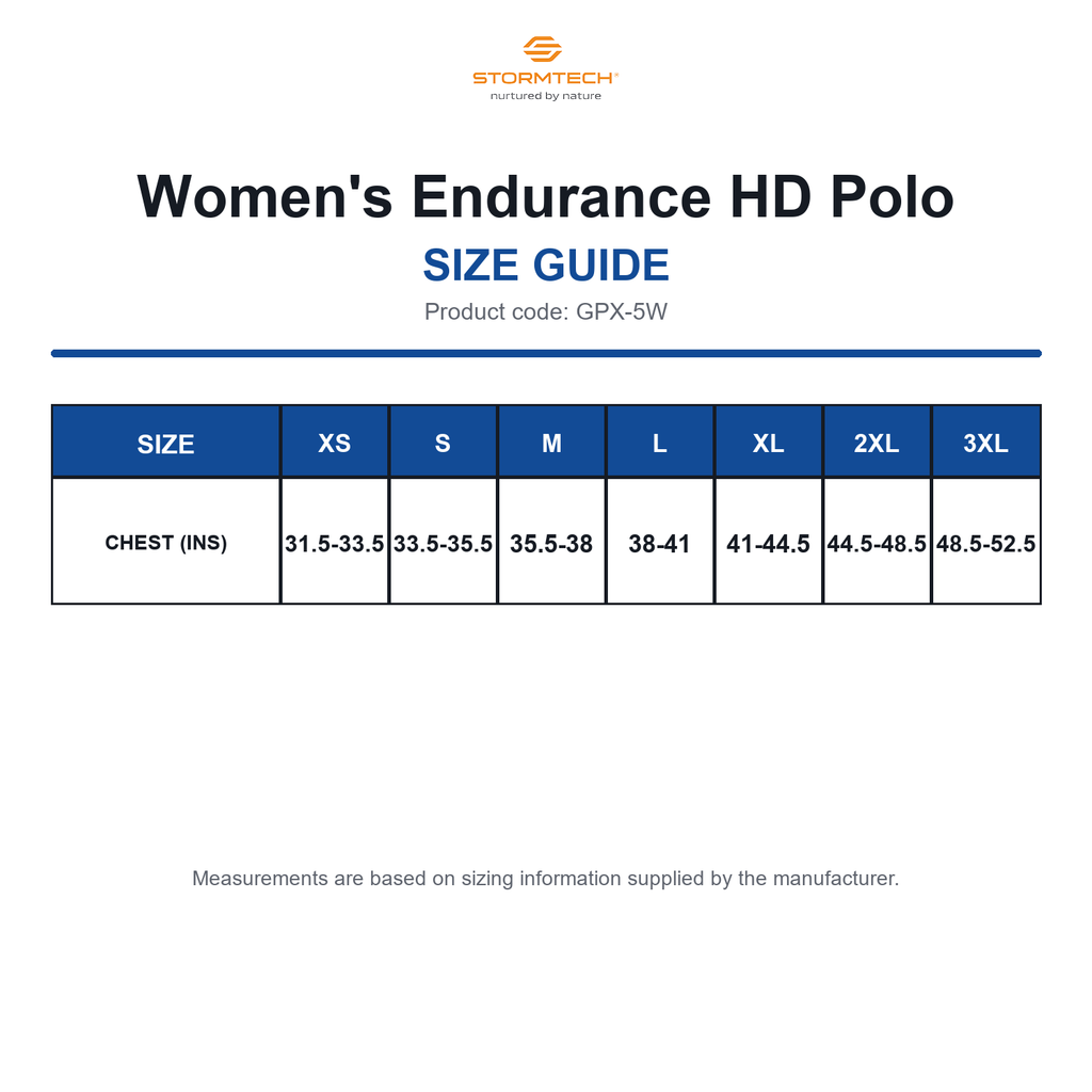 GPX-5W Stormtech Women's Endurance HD Polo size guide (GPX-5W)