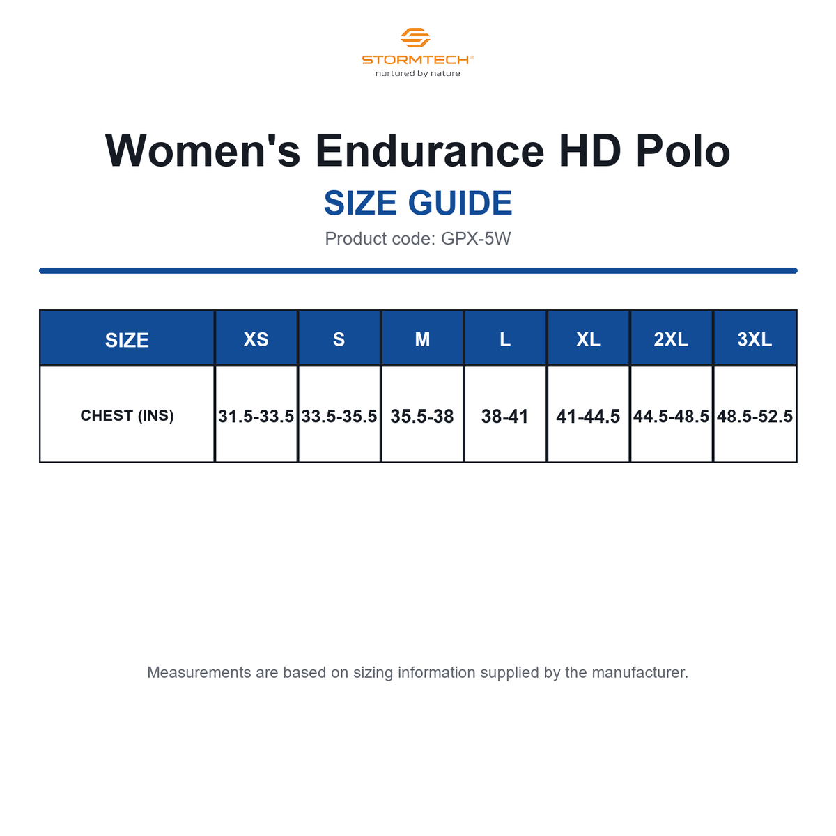 GPX-5W Stormtech Women's Endurance HD Polo size guide (GPX-5W)