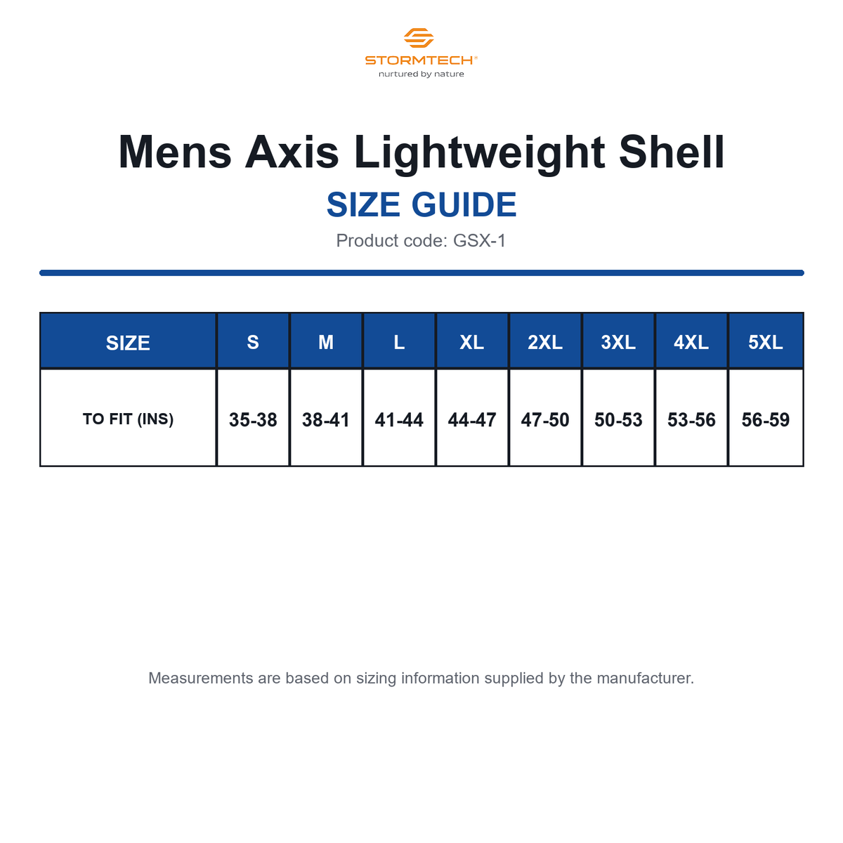 GSX-1 Stormtech Mens Axis Lightweight Shell size guide (GSX-1)