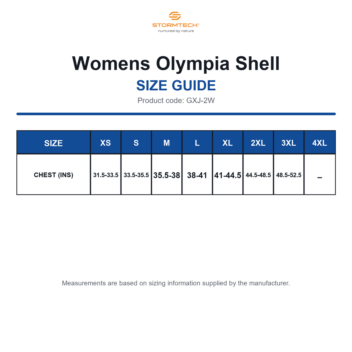 GXJ-2W Stormtech Womens Olympia Shell size guide (GXJ-2W)