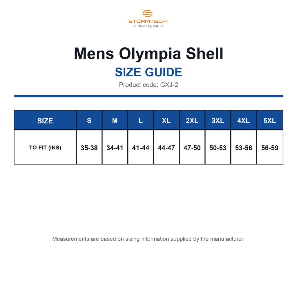GXJ-2 Stormtech Mens Olympia Shell size guide (GXJ-2)