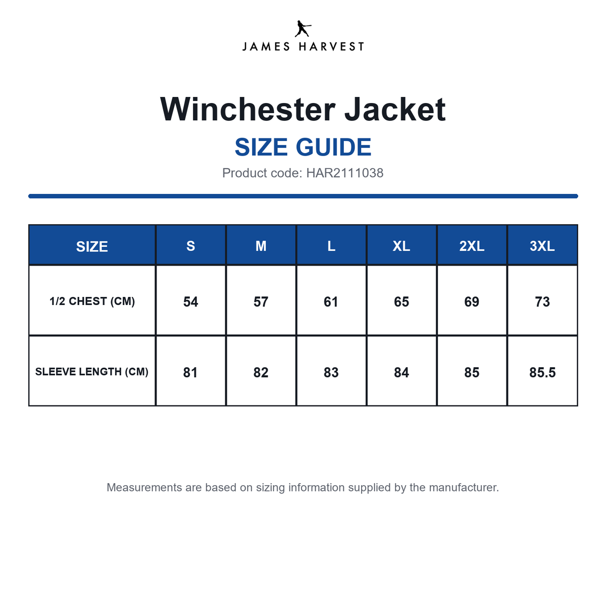 HAR2111038 James Harvest Winchester Jacket size guide (HAR2111038)