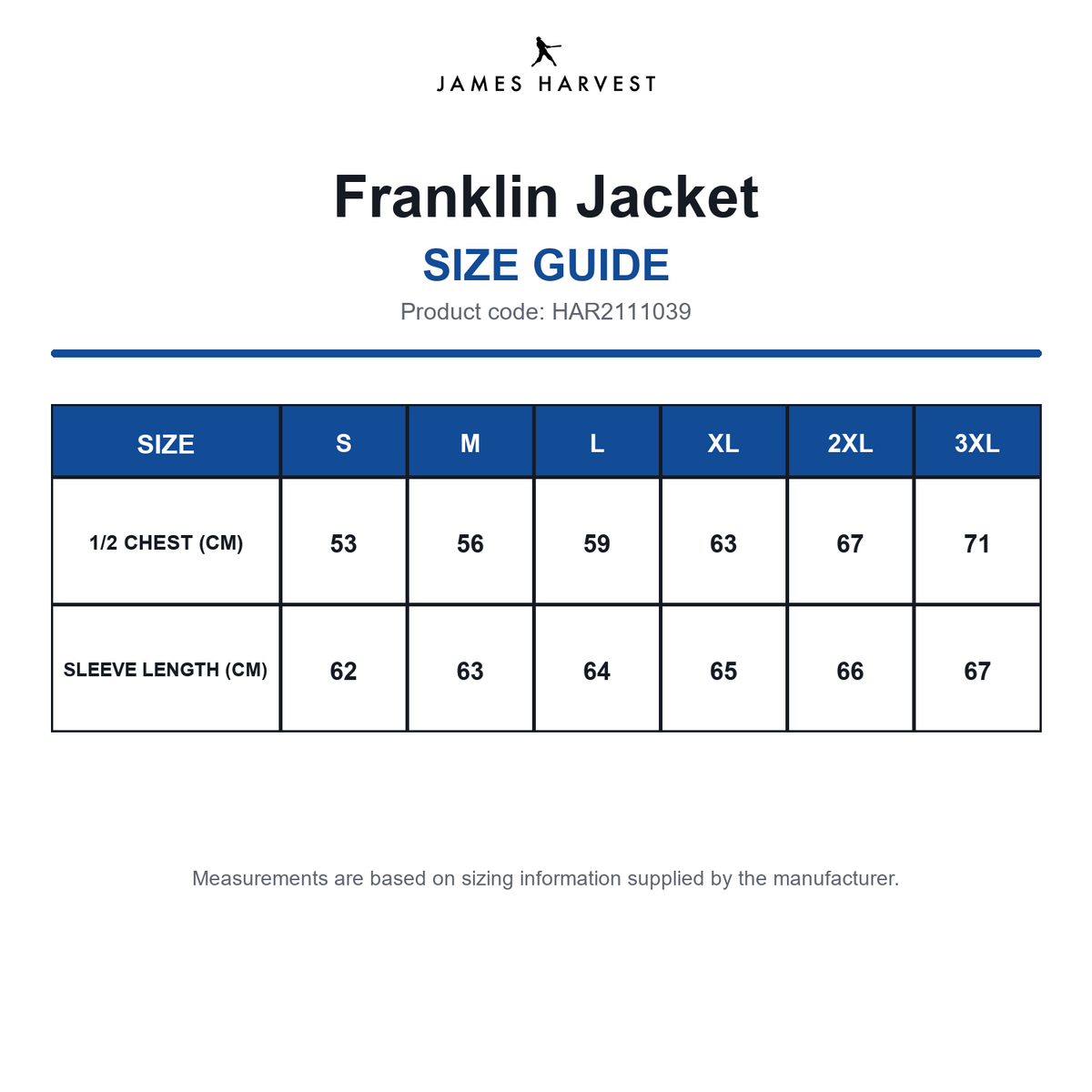 HAR2111039 James Harvest Franklin Jacket size guide (HAR2111039)
