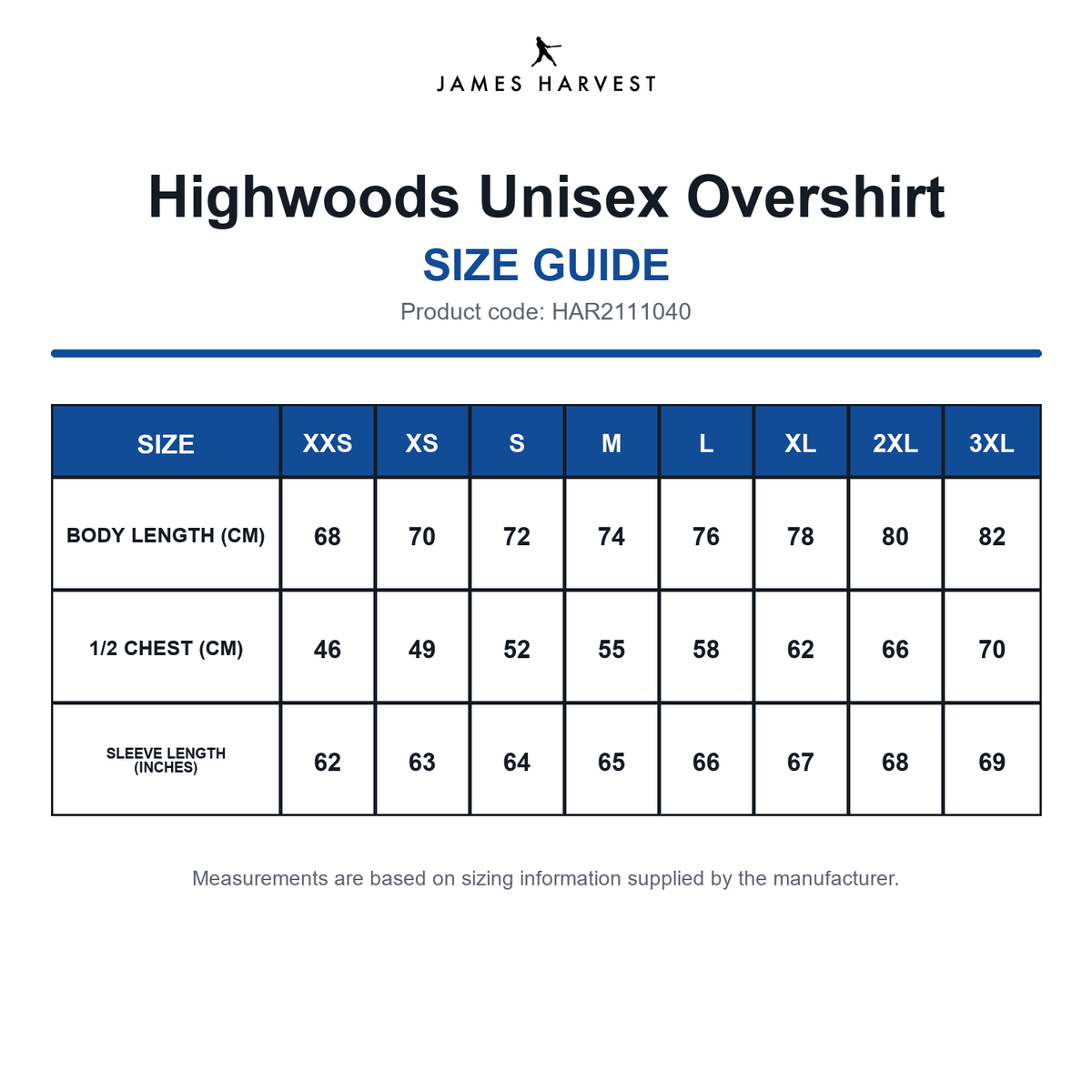HAR2111040 James Harvest Highwoods Unisex Overshirt size guide (HAR2111040)