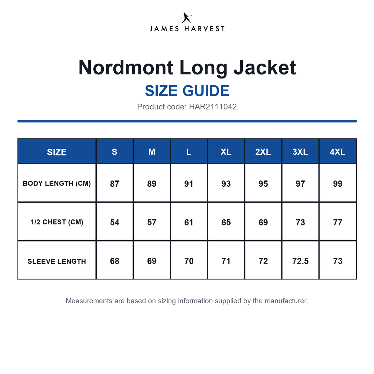 HAR2111042 James Harvest Nordmont Long Jacket size guide (HAR2111042)