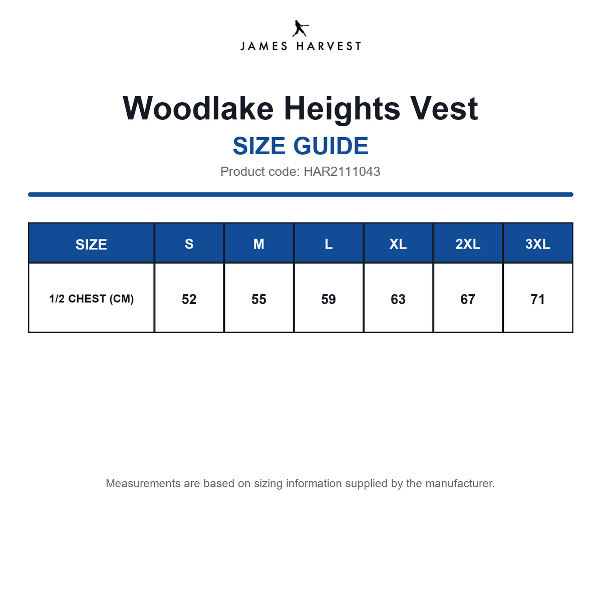 HAR2111043 James Harvest Woodlake Heights Vest size guide (HAR2111043)