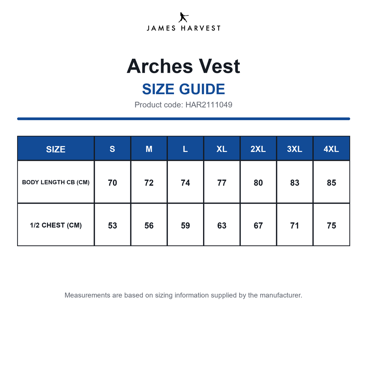 HAR2111049 James Harvest Arches Vest size guide (HAR2111049)