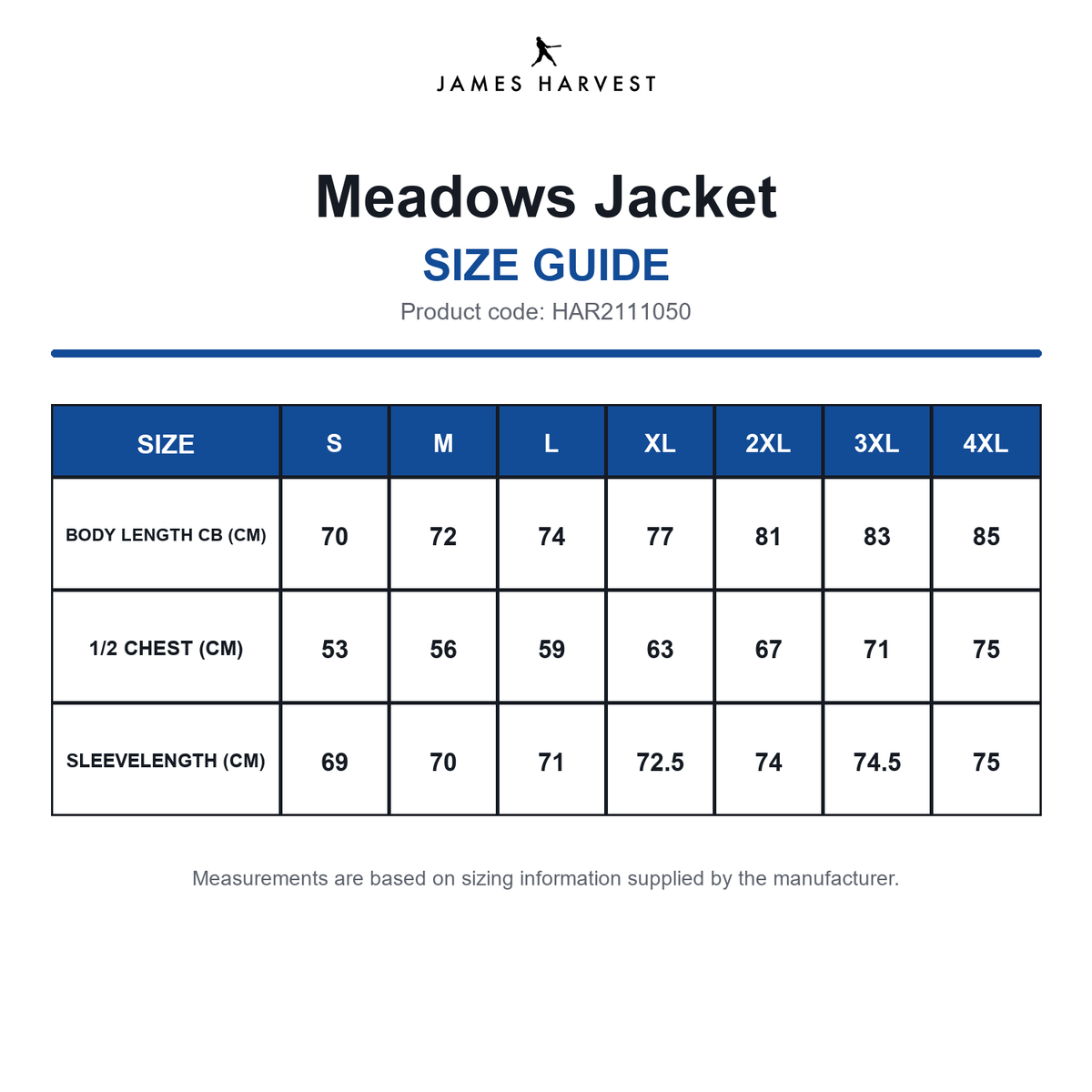 HAR2111050 James Harvest Meadows Jacket size guide (HAR2111050)