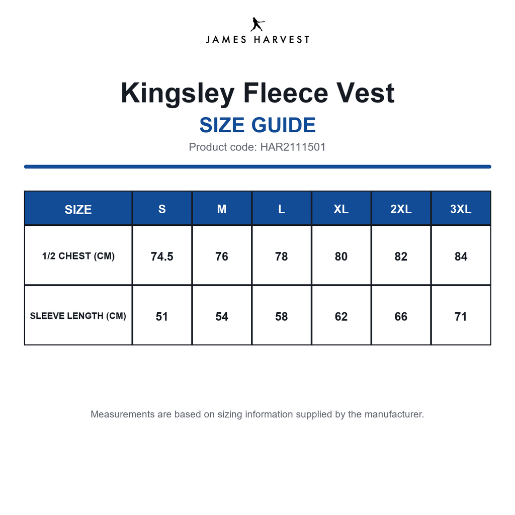 HAR2111501 James Harvest Kingsley Fleece Vest size guide (HAR2111501)