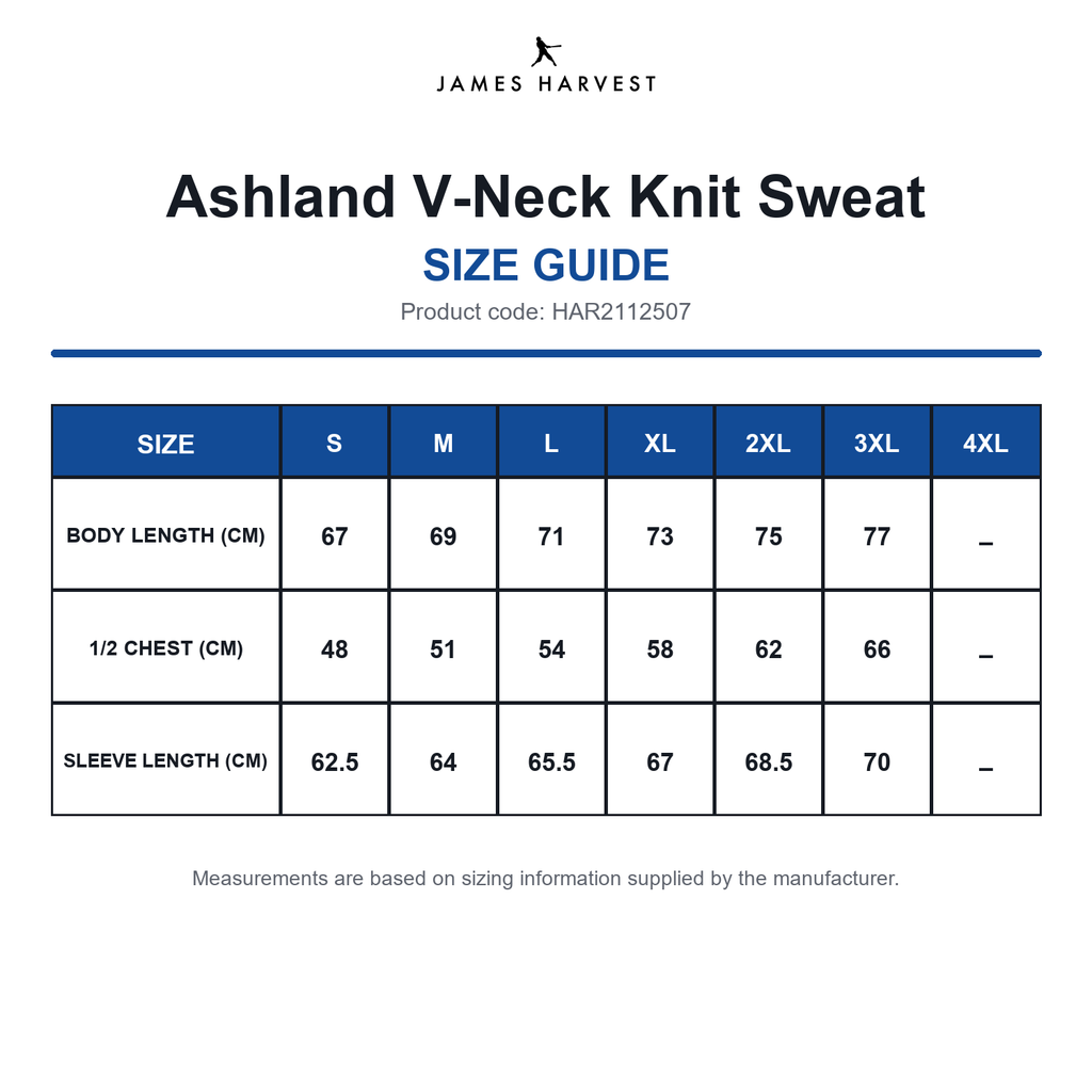 HAR2112507 James Harvest Ashland V-Neck Knit Sweat size guide (HAR2112507)
