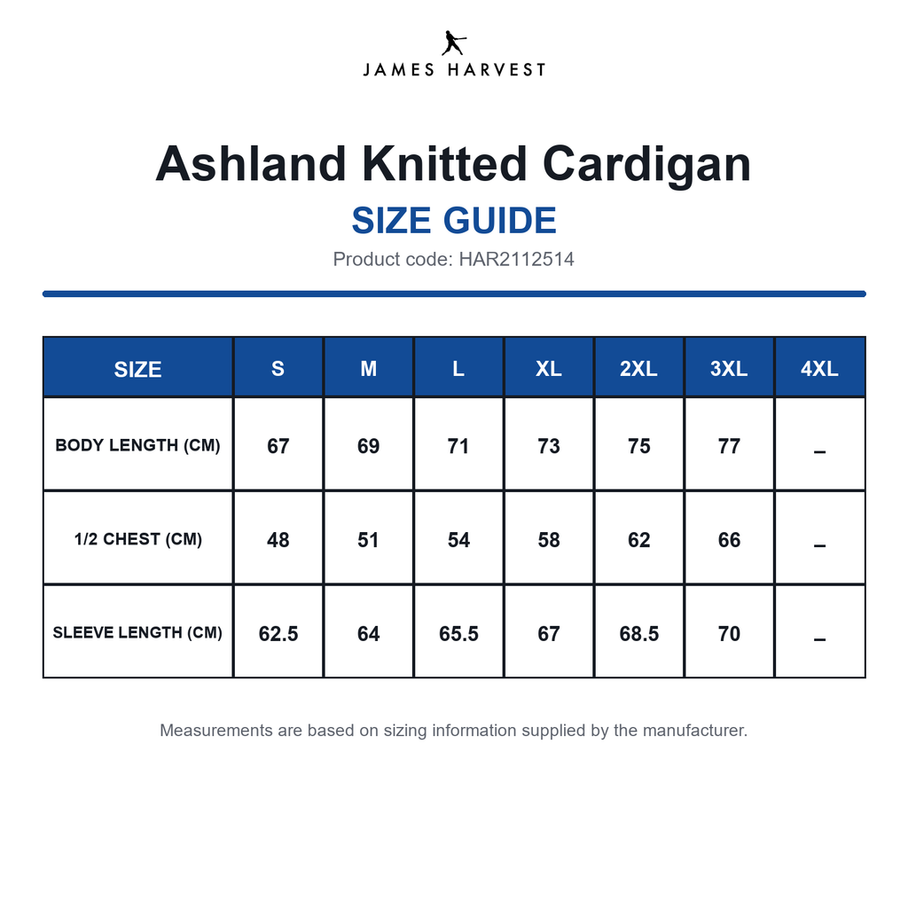 HAR2112514 James Harvest Ashland Knitted Cardigan size guide (HAR2112514)