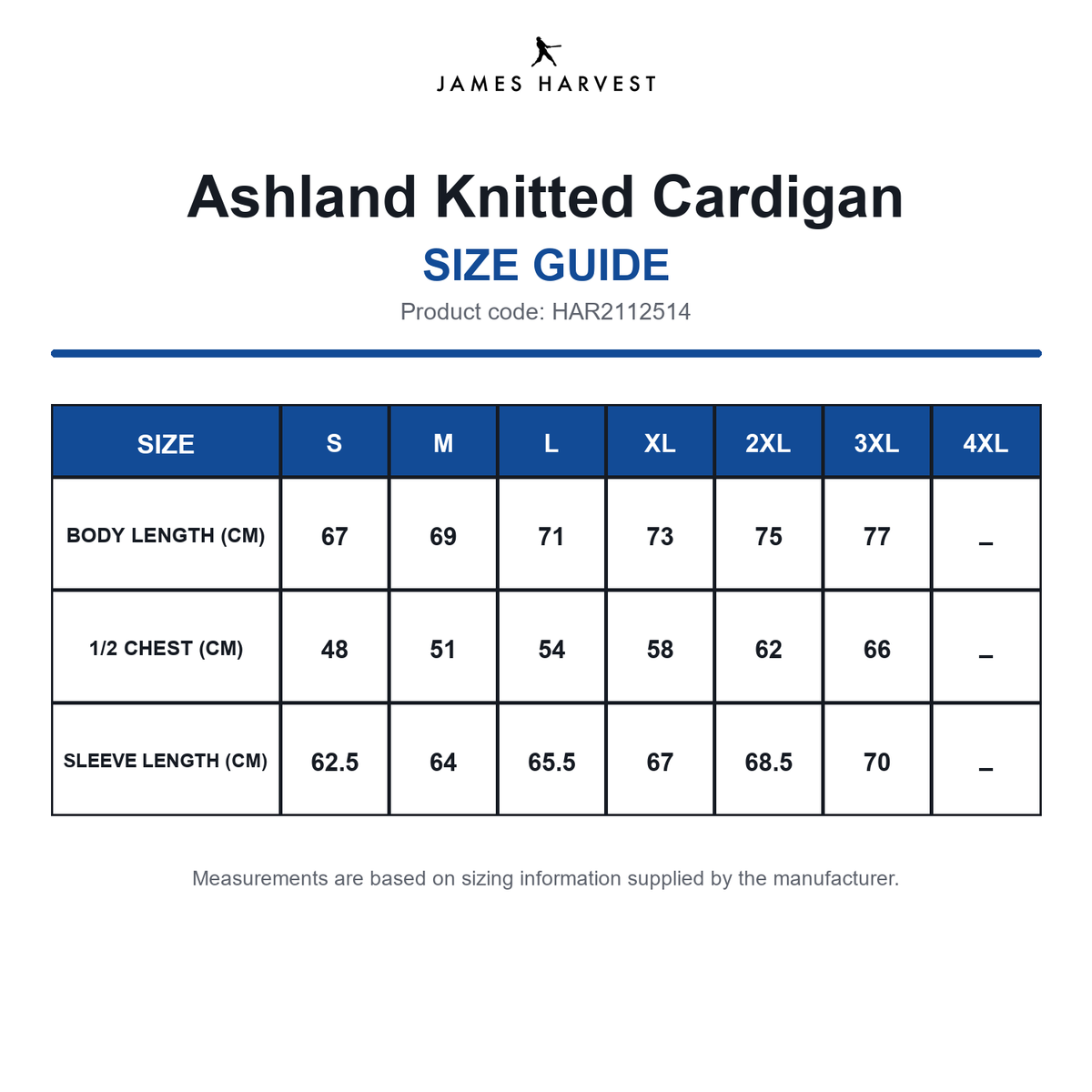 HAR2112514 James Harvest Ashland Knitted Cardigan size guide (HAR2112514)