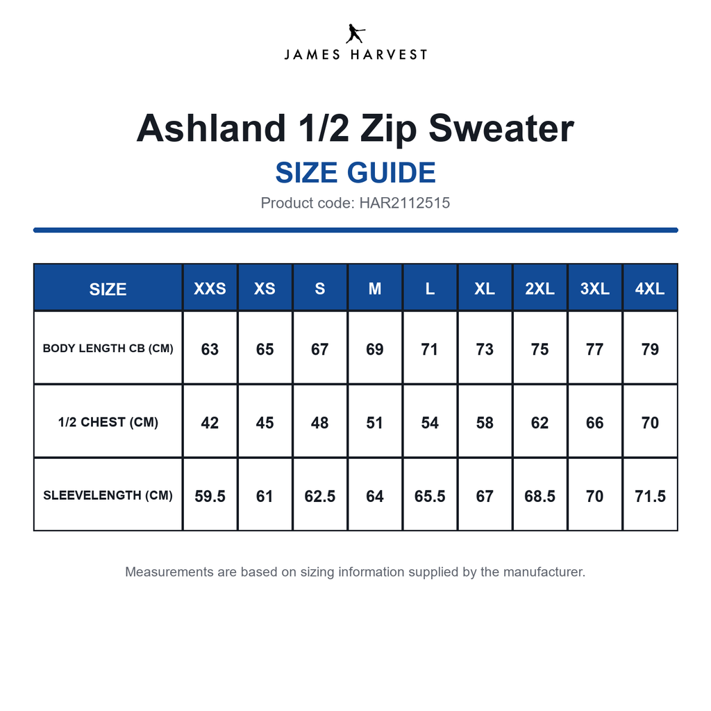 HAR2112515 James Harvest Ashland 1/2 Zip Sweater size guide (HAR2112515)