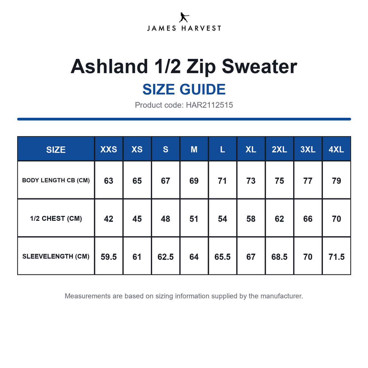 HAR2112515 James Harvest Ashland 1/2 Zip Sweater size guide (HAR2112515)
