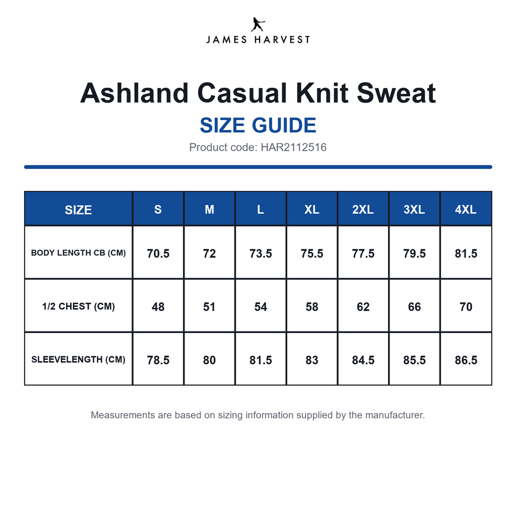 HAR2112516 James Harvest Ashland Casual Knit Sweat size guide (HAR2112516)