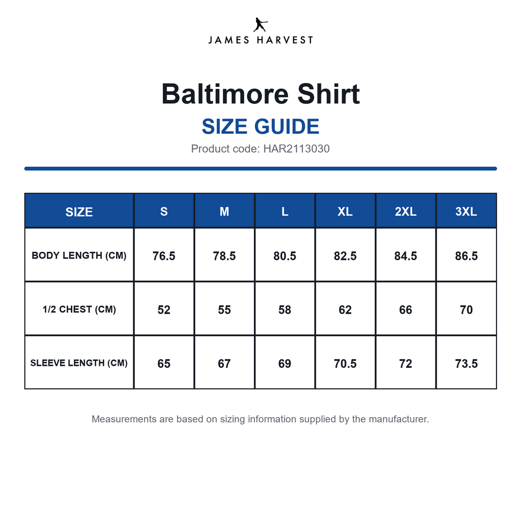 HAR2113030 James Harvest Baltimore Shirt size guide (HAR2113030)