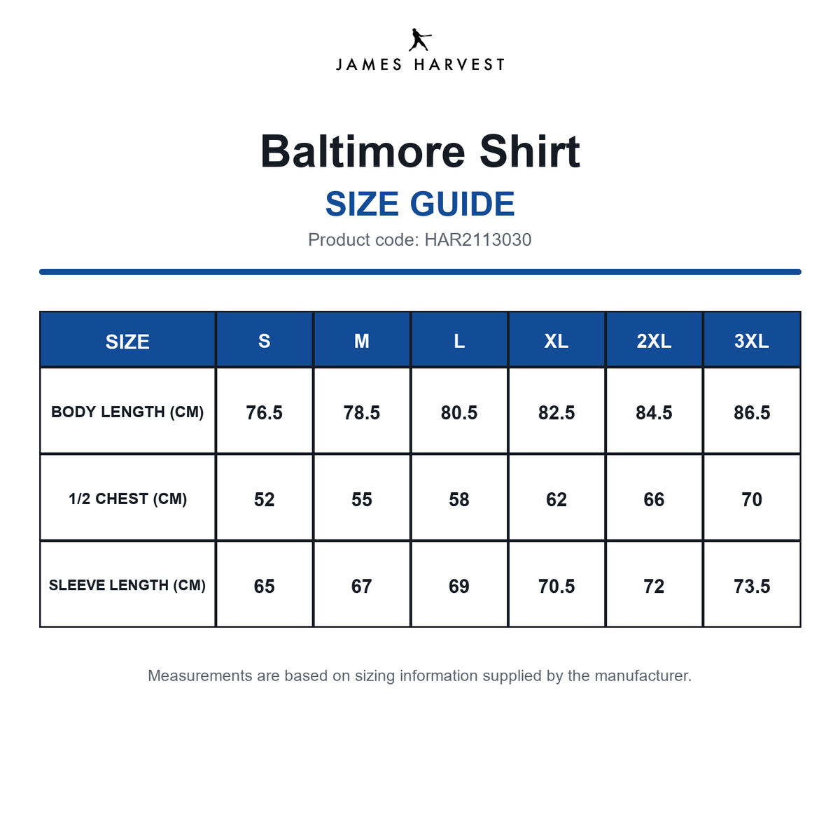 HAR2113030 James Harvest Baltimore Shirt size guide (HAR2113030)