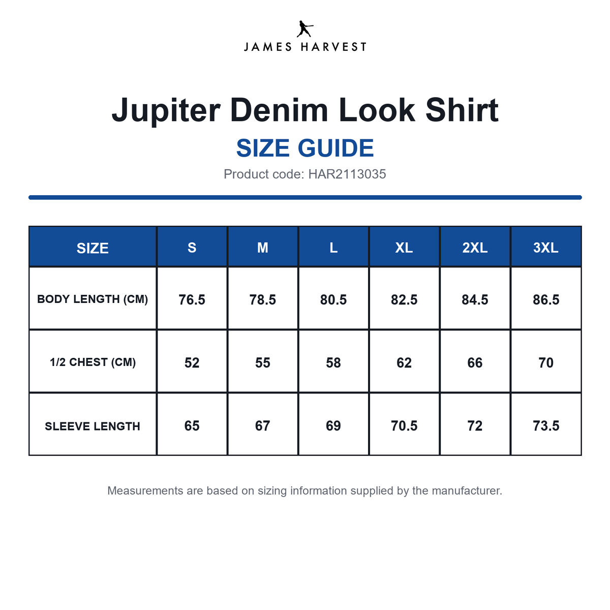 HAR2113035 James Harvest Jupiter Denim Look Shirt size guide (HAR2113035)