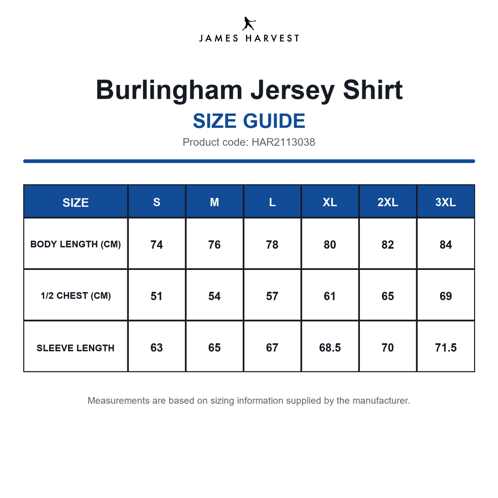 HAR2113038 James Harvest Burlingham Jersey Shirt size guide (HAR2113038)