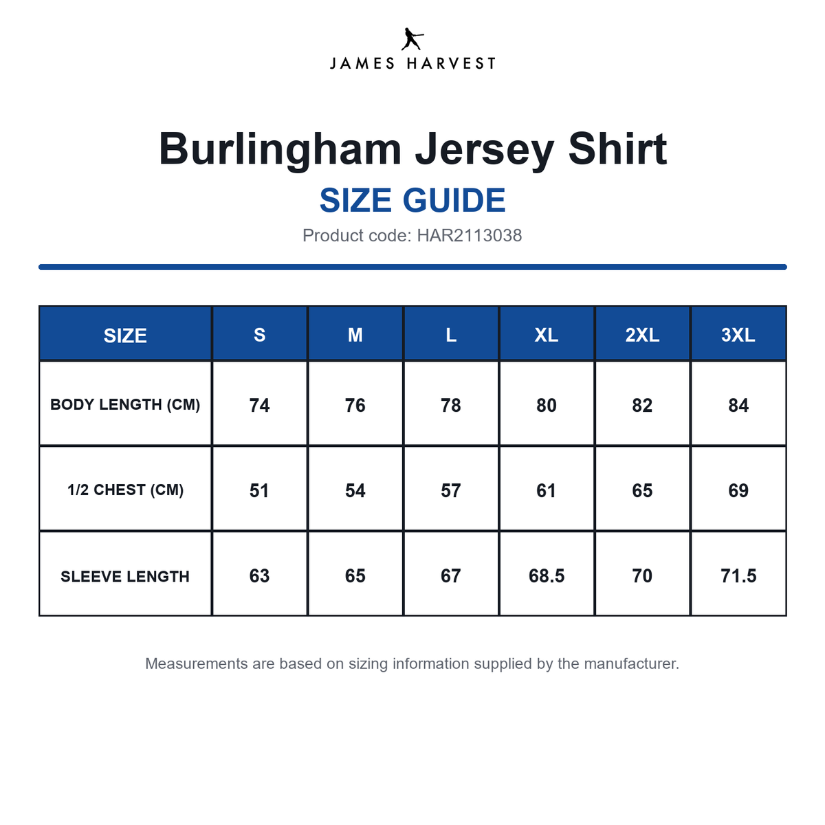 HAR2113038 James Harvest Burlingham Jersey Shirt size guide (HAR2113038)